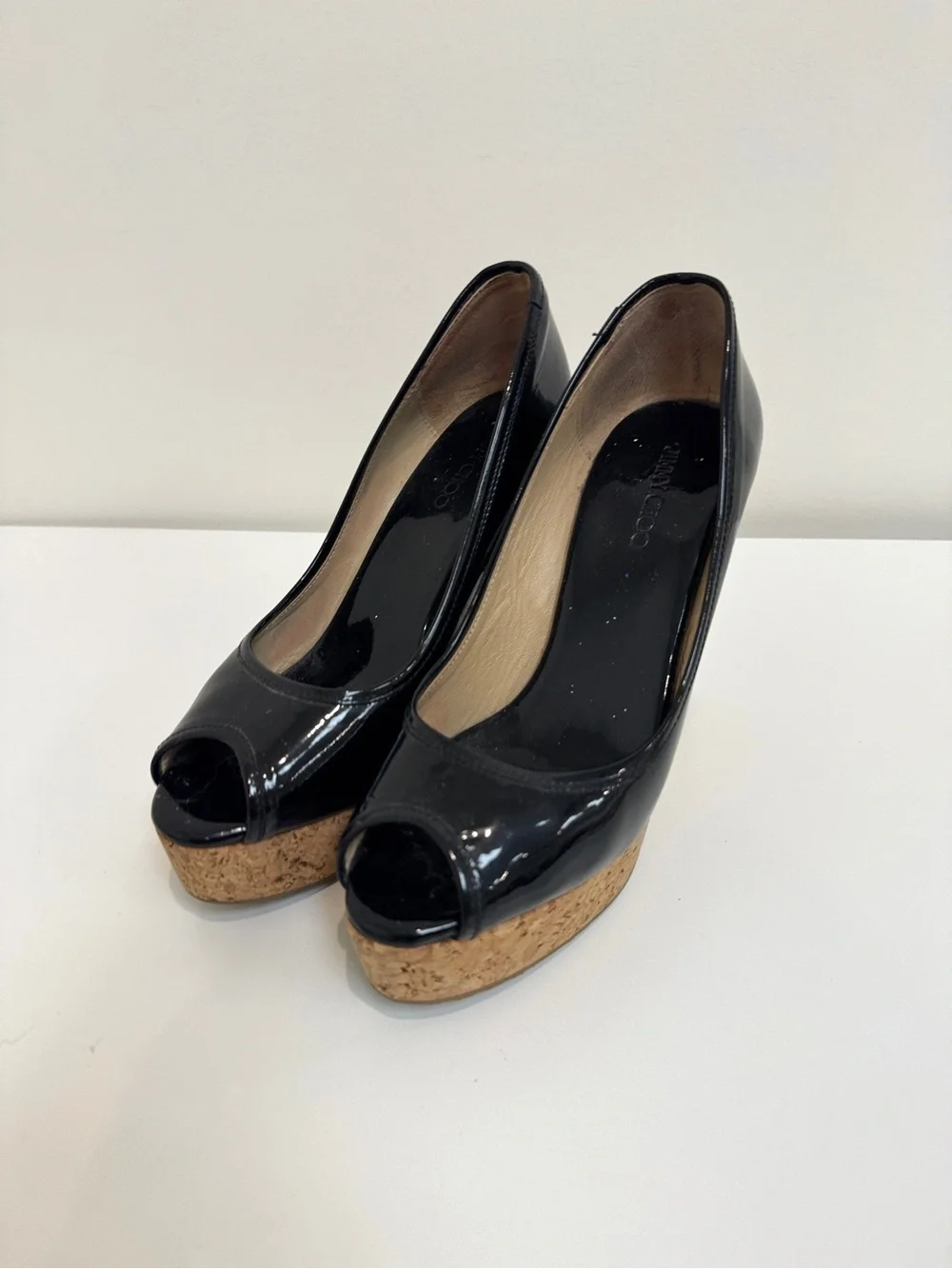 Jimmy Choo Black Patent Leather Peep Toe Cork Platform Wedge Shoes 38 Heels